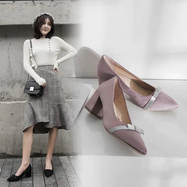 New Women's Black Suede Mid-Heel Pointed Shoes
