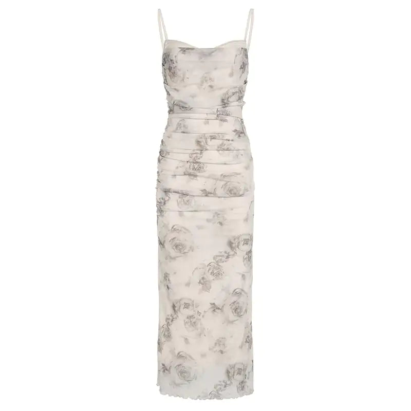 Retro Rose Print Mesh Camisole Dress with Waist Detail