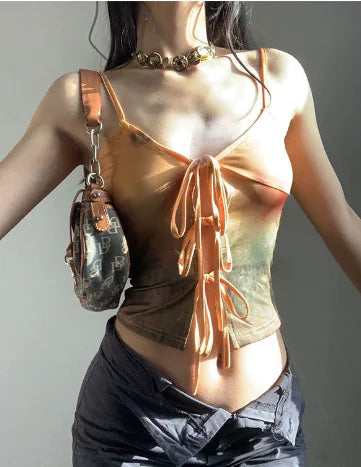 Asymmetric Print Multi-Wear Suspenders & Lace-up Top