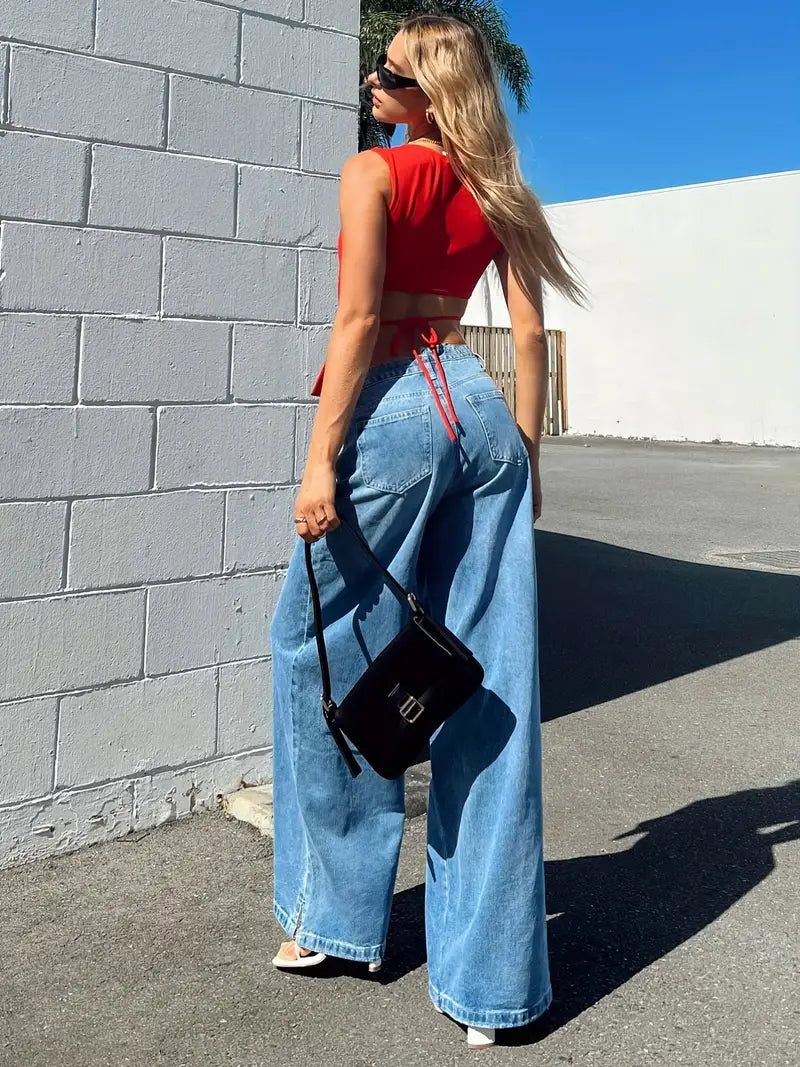 Blue High Waist Straight Baggy Jeans