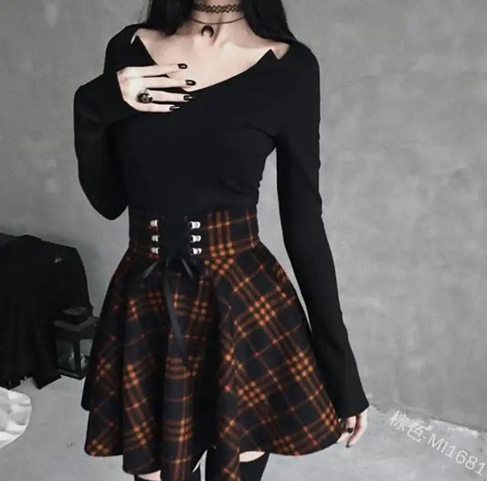 Women's Plaid Asymmetric Skirt with Ribbon Waist