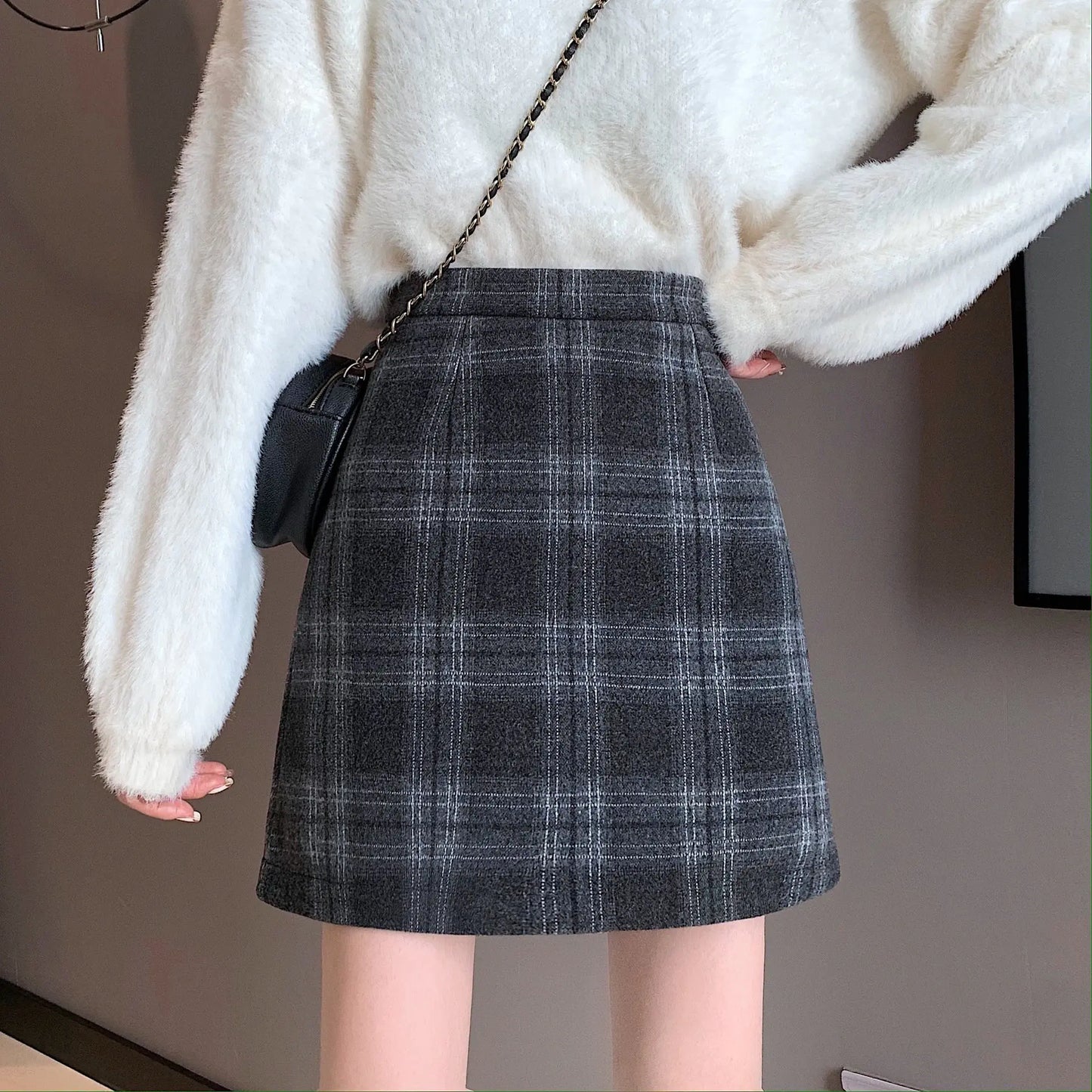 Retro High Waist Woolen Plaid Skirt for Women