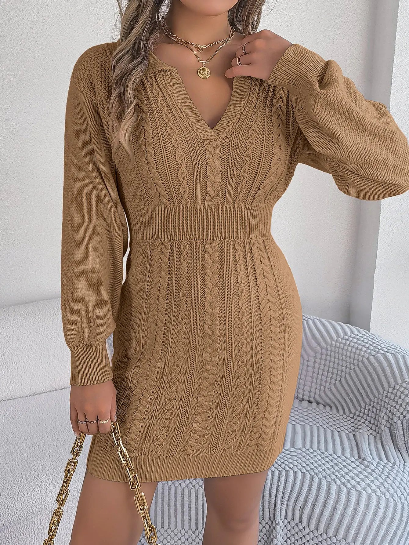 Twist Lantern Sleeve Package Hip Sweater Dress for Women