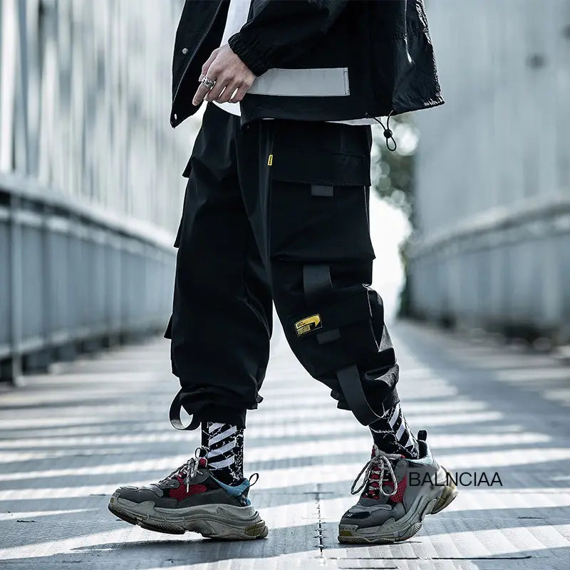 Loose Tide Black Paratrooper Casual Overalls Pants