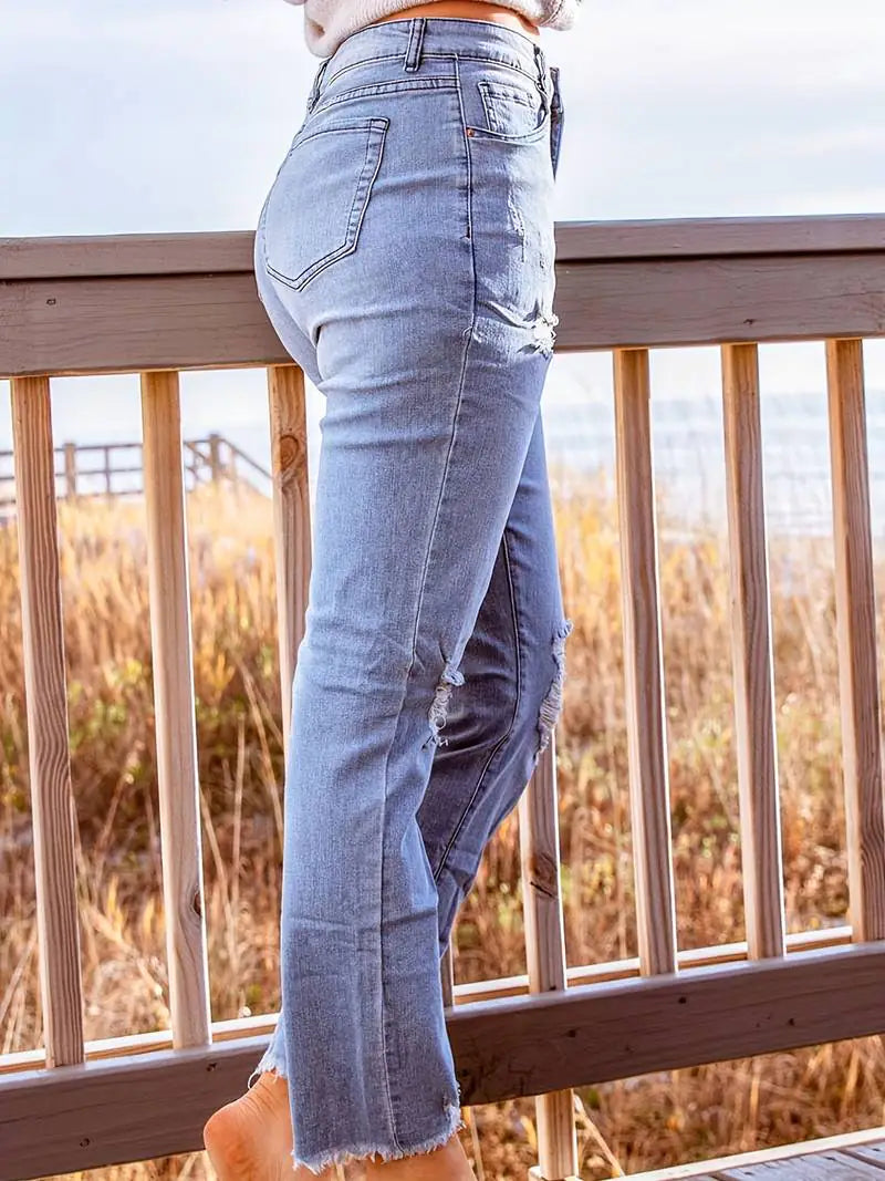 Blue Raw Hem Distressed Straight Jeans for Women