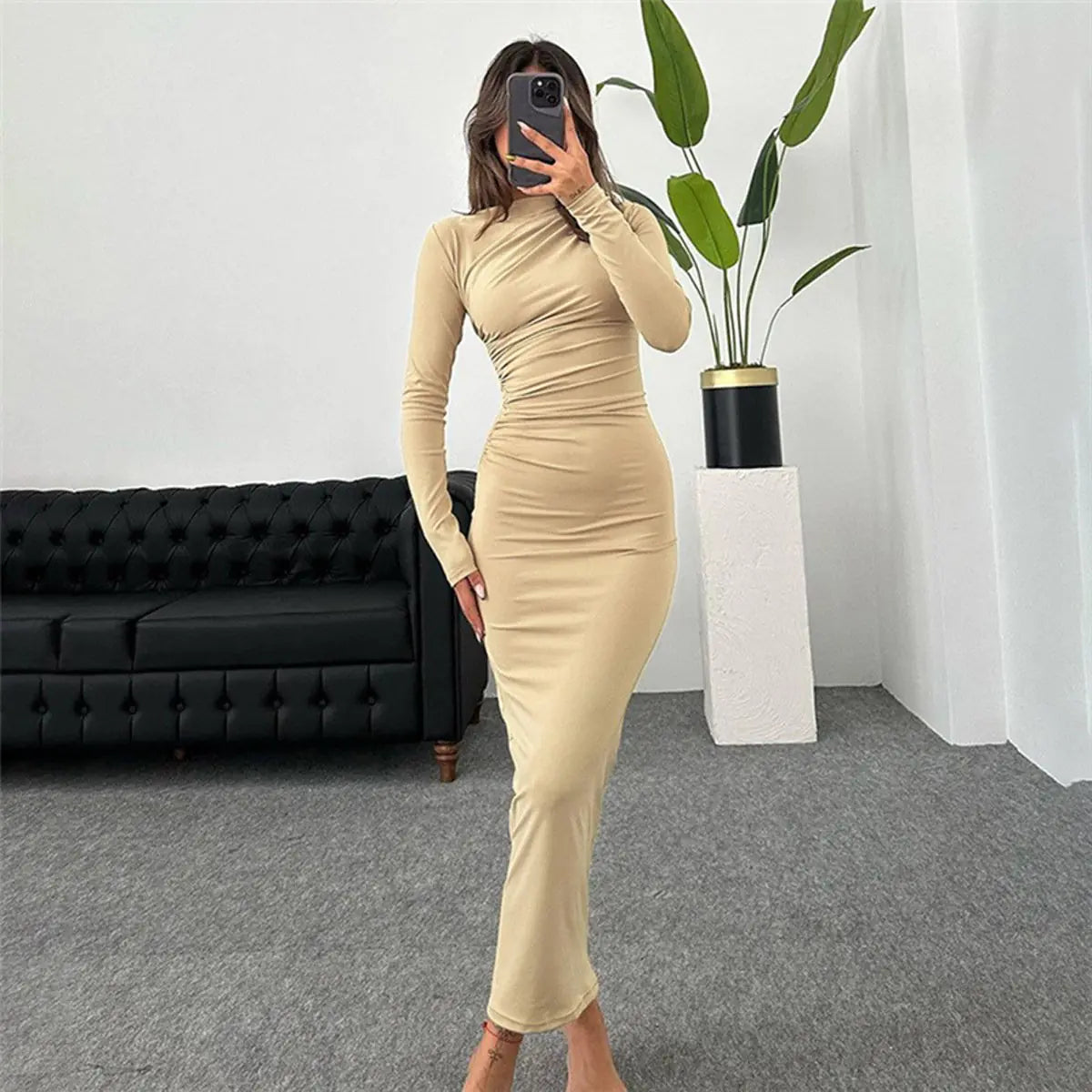 Slim-fit High-grade Pure Color Long Sheath Dress