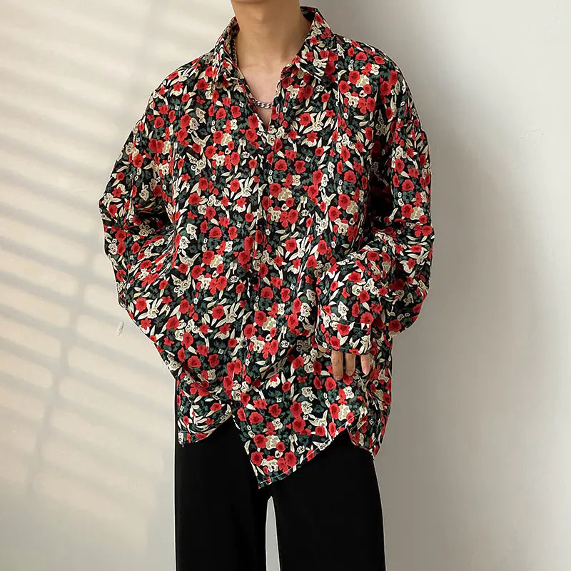 Men's Retro Floral Long Sleeve Shirt - Casual Loose Fit