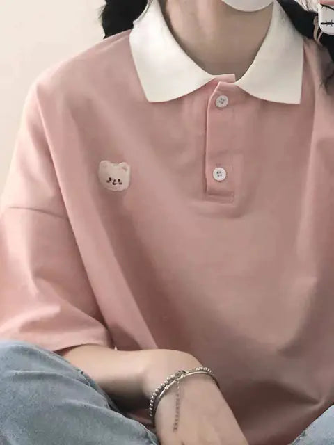 Casual Loose Short Sleeve Cartoon Bear Print Shirt