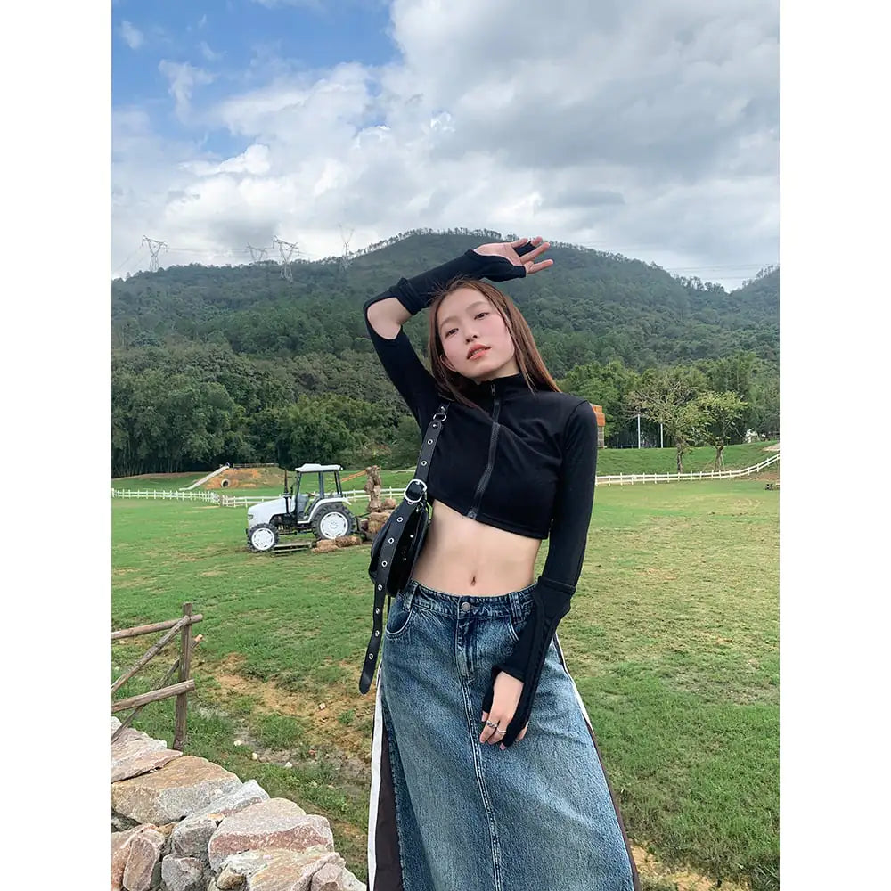 American Retro Denim Patchwork Skirt