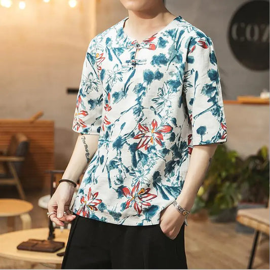 Plus Size Chinese Style Printed Short Sleeve T-Shirt