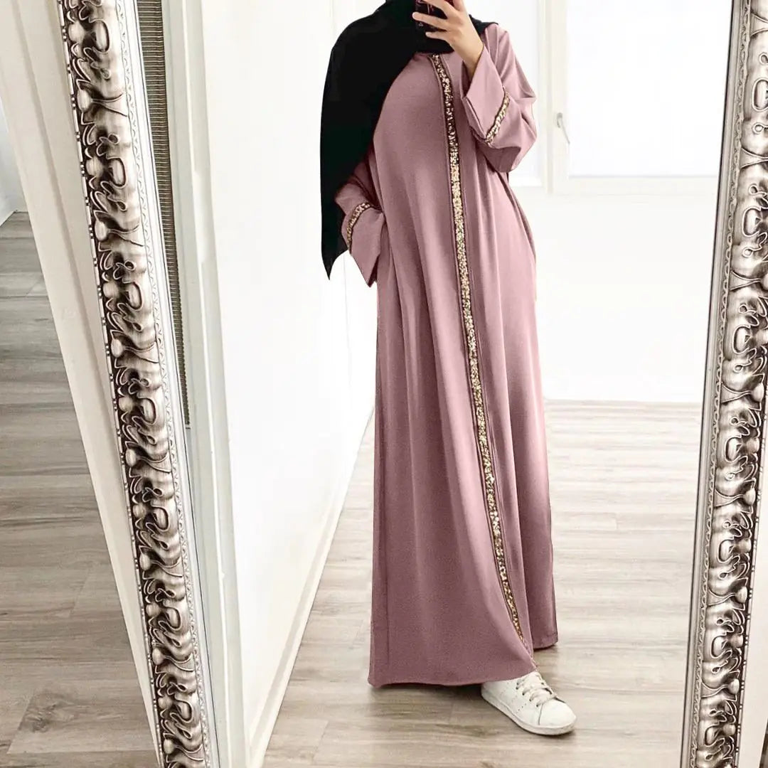 Muslim Women's Robe with Sequins and Trim Design