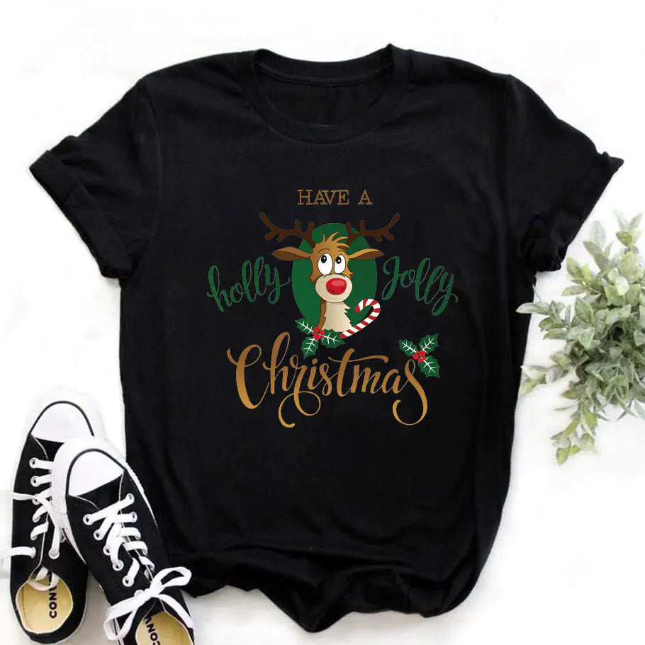 New Christmas Print Short-Sleeved Women's Top