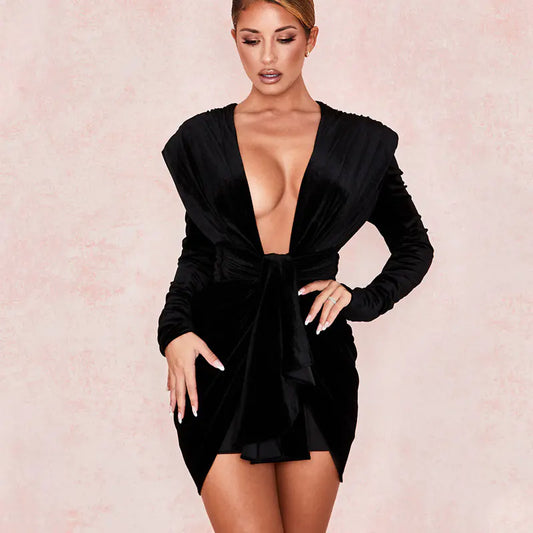 Women's V-neck Black Velvet Pleated Sheath Dress