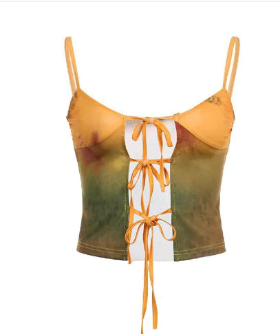 Asymmetric Print Multi-Wear Suspenders & Lace-up Top