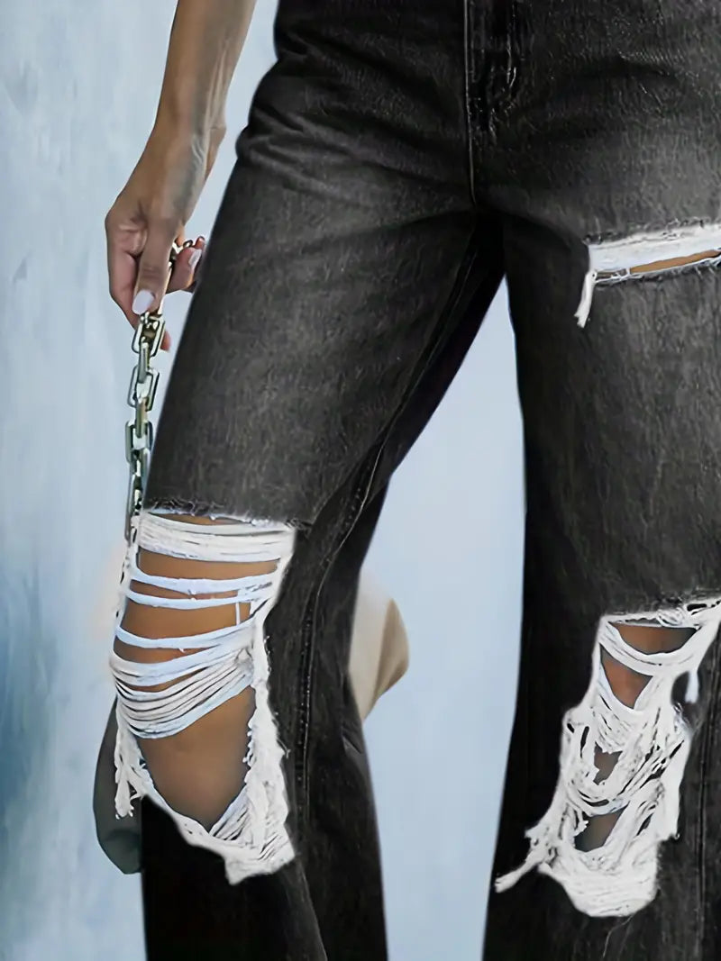 High Waist Ripped Trousers - Loose Straight Leg Denim