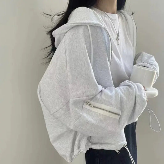 Loose Casual Hoodie Coat with Large Pockets and Zipper