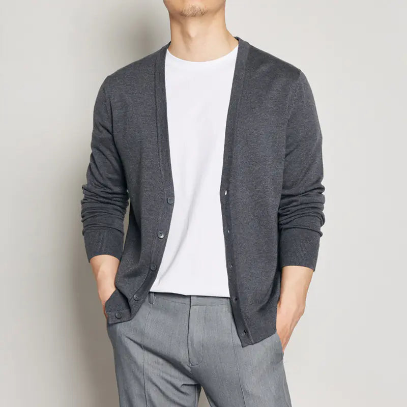 Men's V-Neck Knitted Cardigan in Solid Color