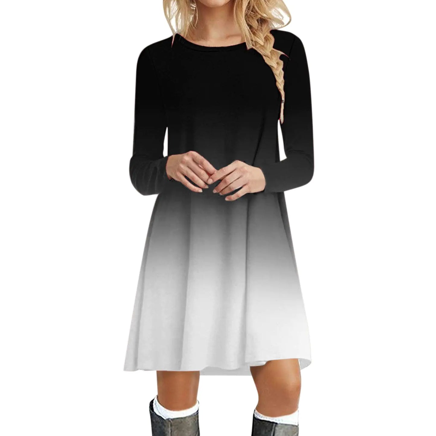 Casual Printed Christmas Long Sleeve Crewneck Dress