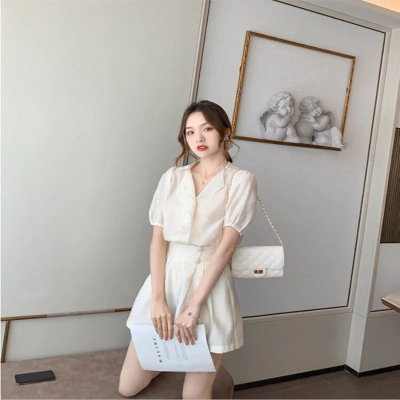 2020 Vintage French Style Chiffon Top and Shorts Set