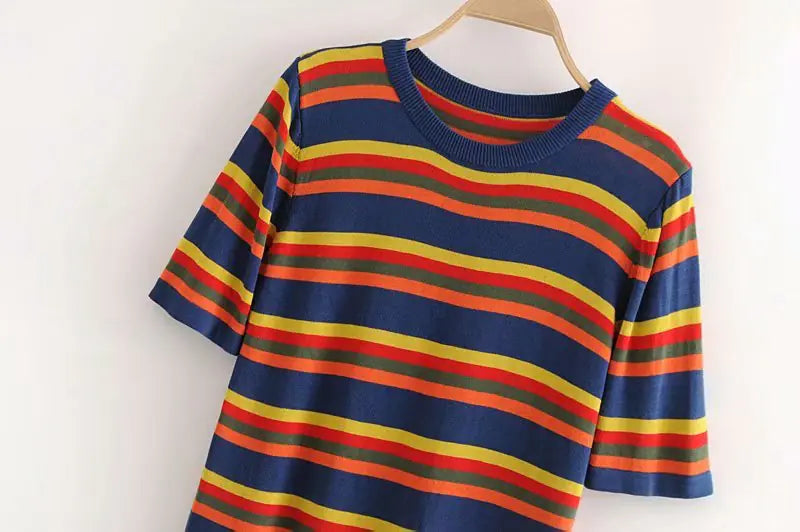Colorful Striped Round Neck Short Sleeve Knit T-Shirt