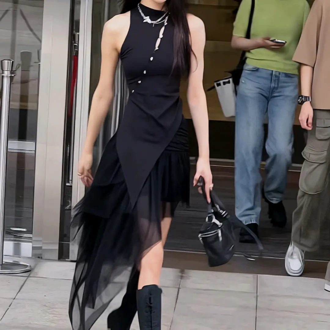 Irregular Beveled Sleeveless Chinese Vest & Mesh Skirt Set