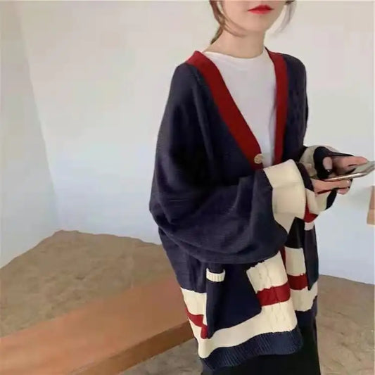 New Style Loose Stitching Knitted Cardigan Jacket for Women