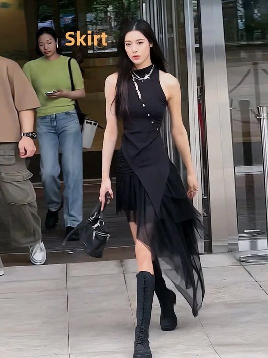 Irregular Beveled Sleeveless Chinese Vest & Mesh Skirt Set