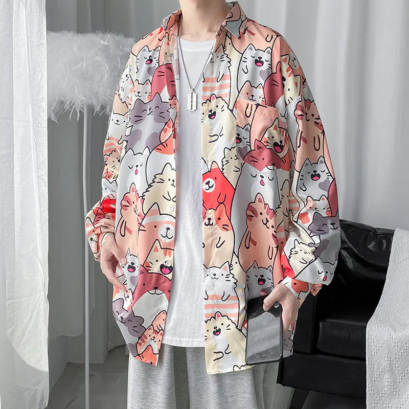 Men's Retro Floral Long Sleeve Shirt - Casual Loose Fit