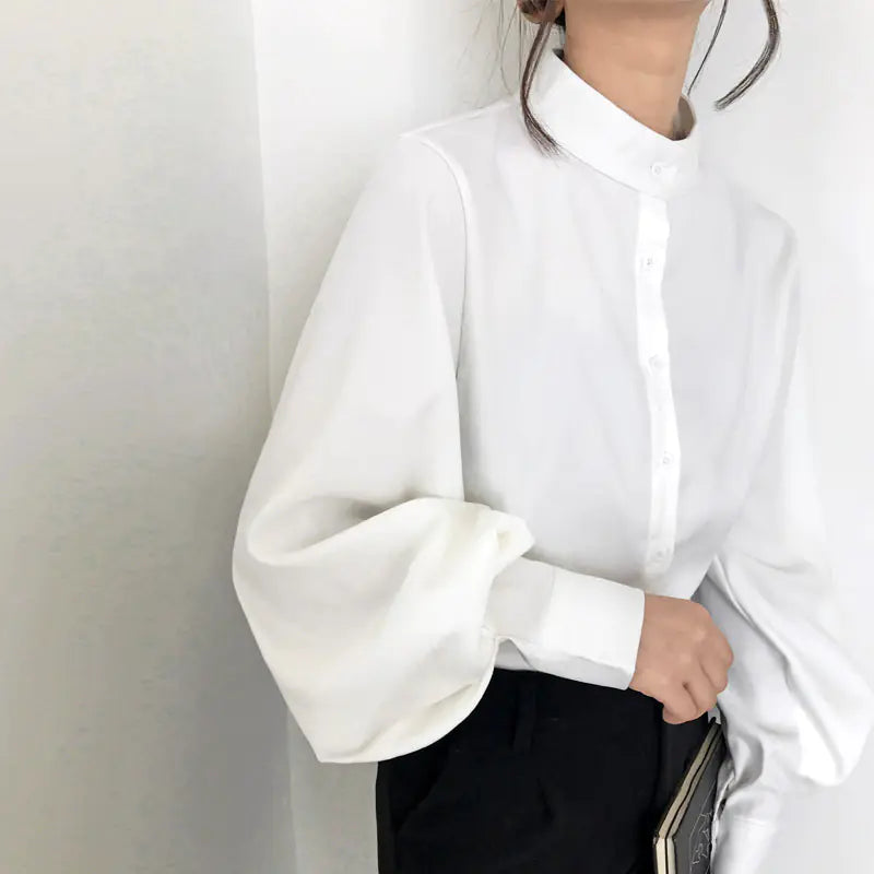 Retro Lantern Sleeve Casual Shirt with Stand Collar