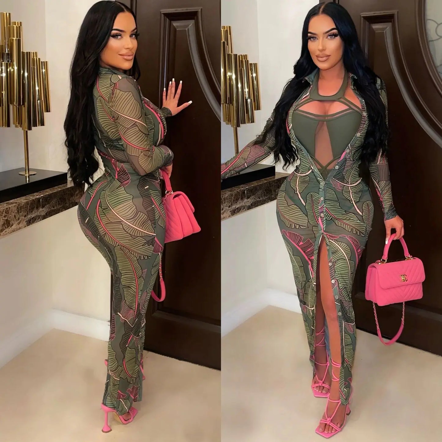 Women's Long Sleeve Dress with Mesh Floral Print