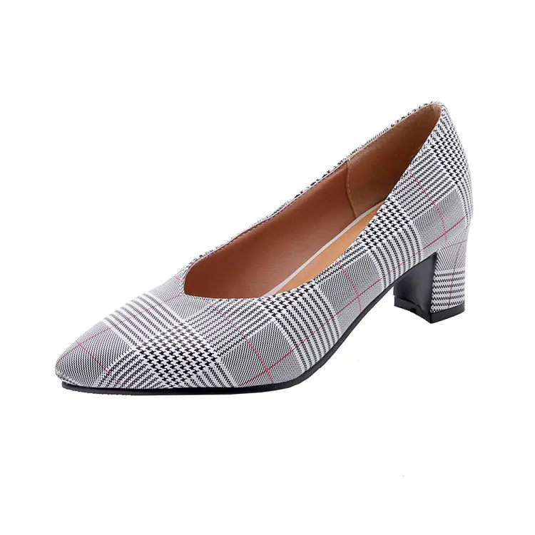 Elegant Checkered Pointed-Toe Mid-Heel Women's Shoes
