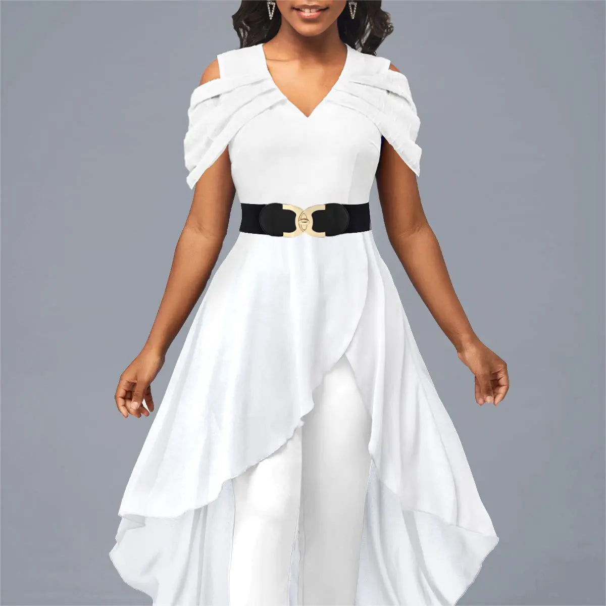 Off-the-Shoulder Slim-Fit Irregular Hem Jumpsuit