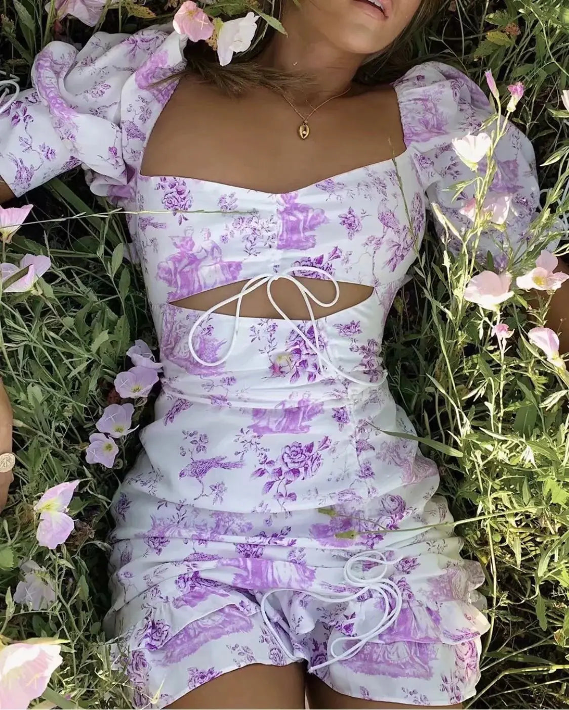 French Style Purple Floral Backless Dress for Women