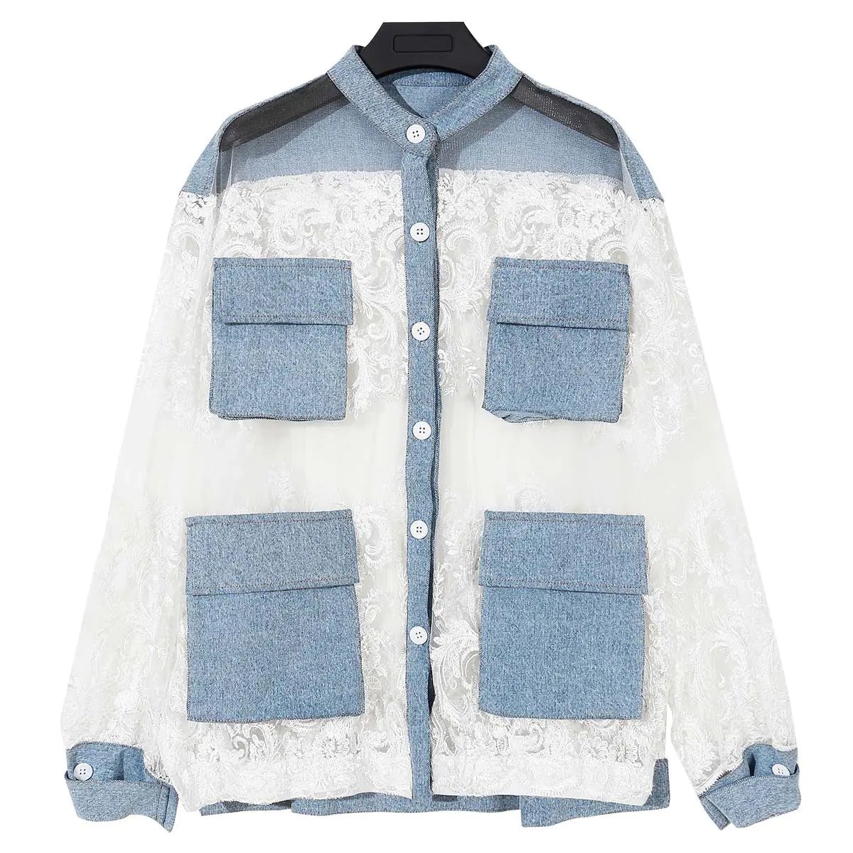 Oversized Sheer Lace-Trimmed Denim Jacket