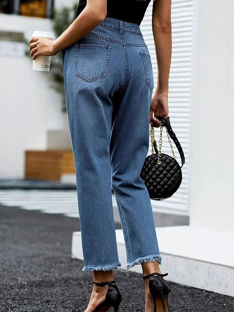 Blue Raw Hem Distressed Straight Jeans for Women