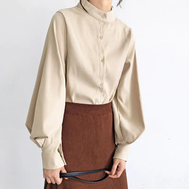 Retro Lantern Sleeve Casual Shirt with Stand Collar