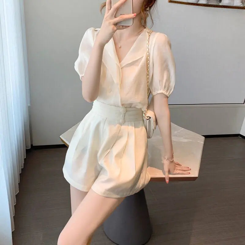 2020 Vintage French Style Chiffon Top and Shorts Set