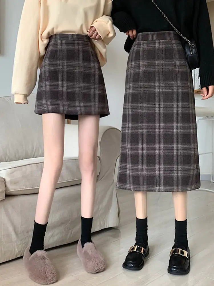 Retro High Waist Woolen Plaid Skirt for Women