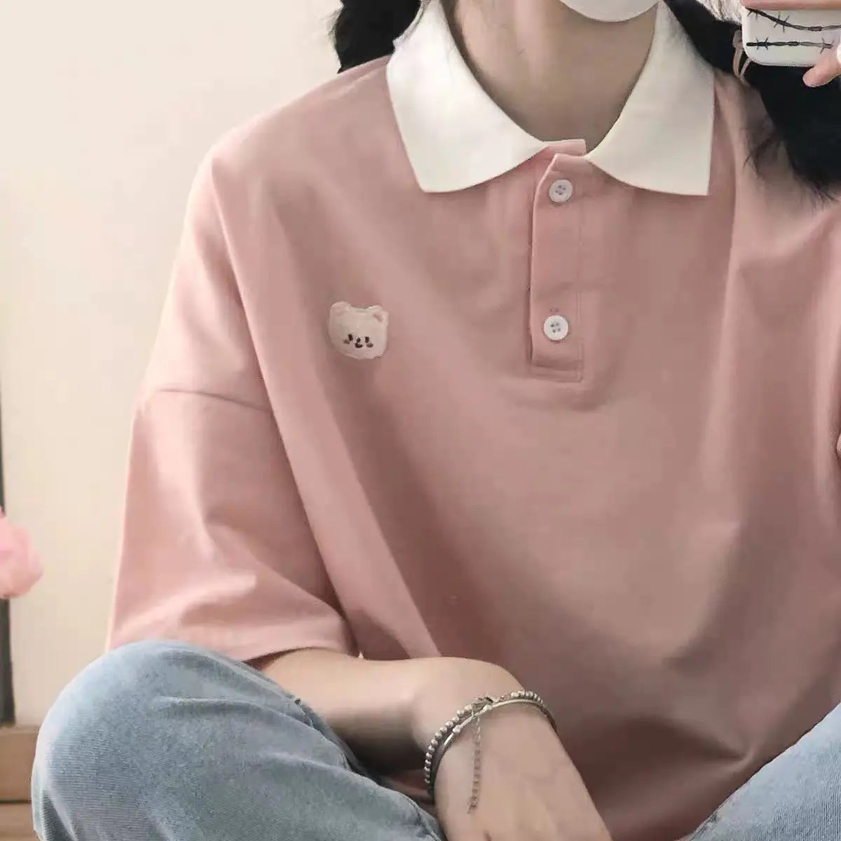 Casual Loose Short Sleeve Cartoon Bear Print Shirt