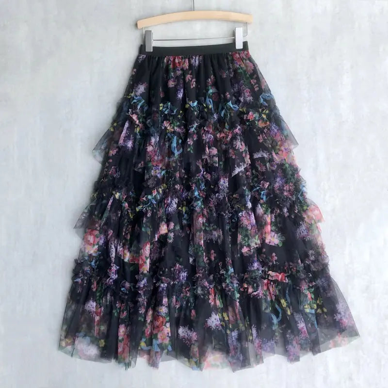 High Waist Flower Print Lace Tulle Skirt