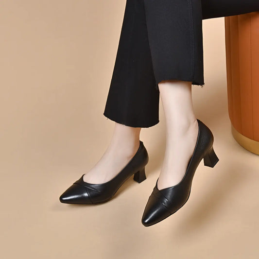 2024 Women's Pointed Toe Leather Mid-Heel Work Shoes