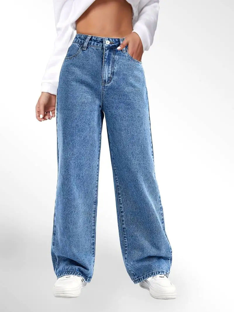 Blue High Waist Loose Fit Straight Leg Denim Jeans