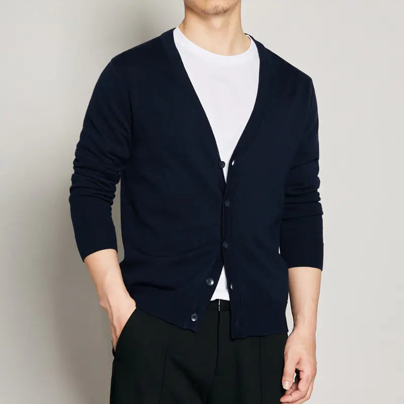 Men's V-Neck Knitted Cardigan in Solid Color
