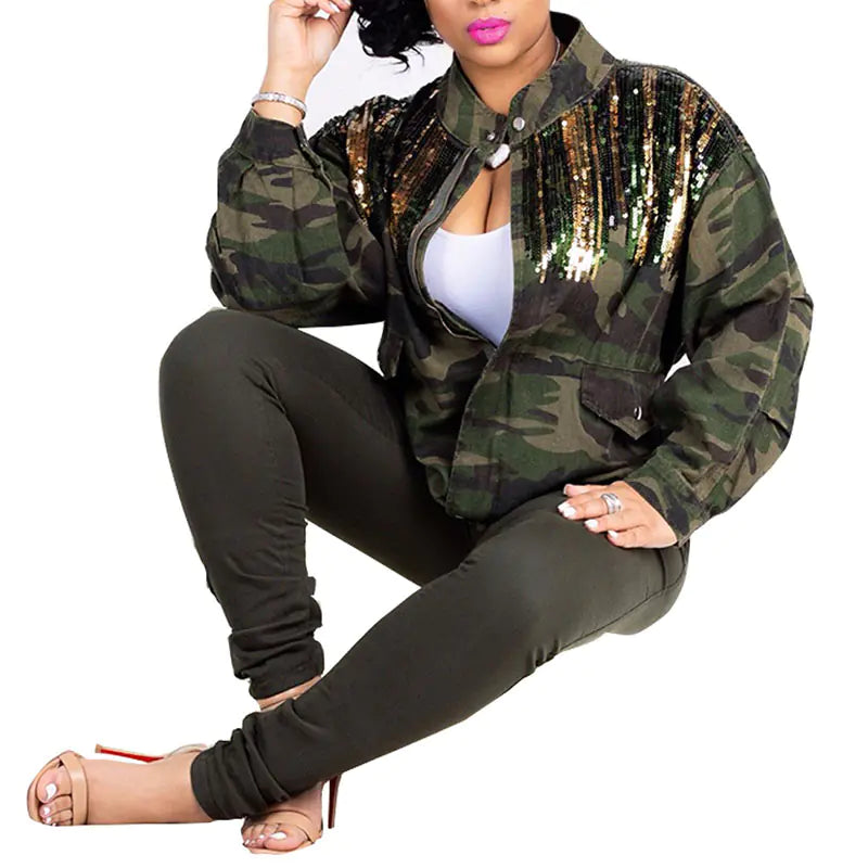 Camouflage Denim Jacket with Sequins and Versatile Style
