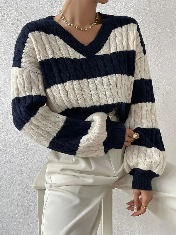 Color-Blocked Loose V-Neck Knitted Sweater for Women