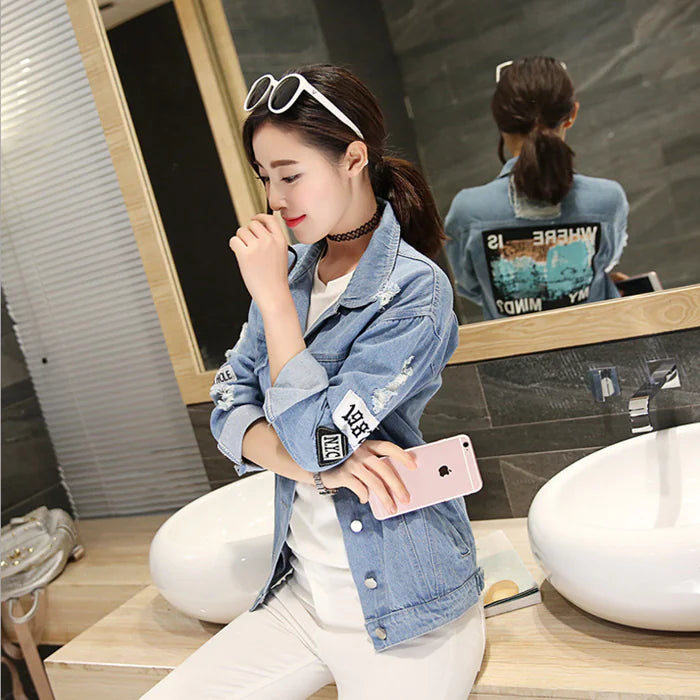 Plus Size Women's Denim Jacket with Ripped Details