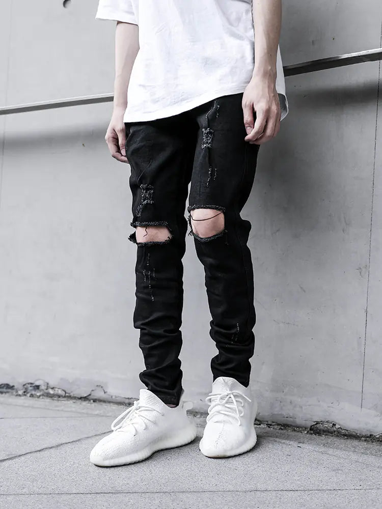 Men's Ripped Black Skinny Jeans with Stretch Fit