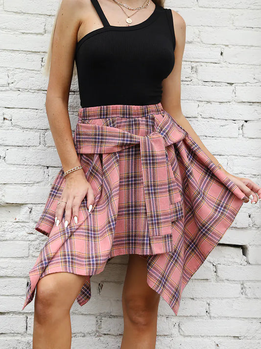Irregular High Waist Plaid Tie-Sleeve Skirt for Women