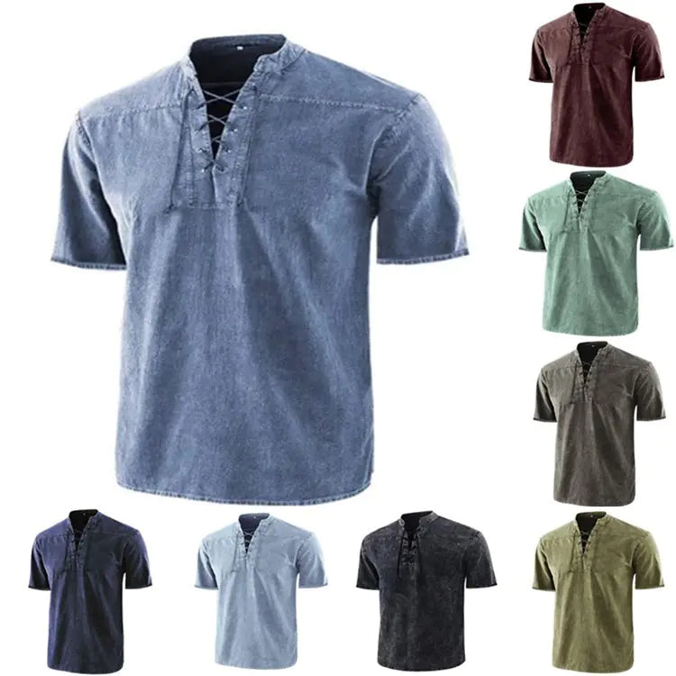 Men's Solid Color Retro Casual Short-Sleeved Shirt