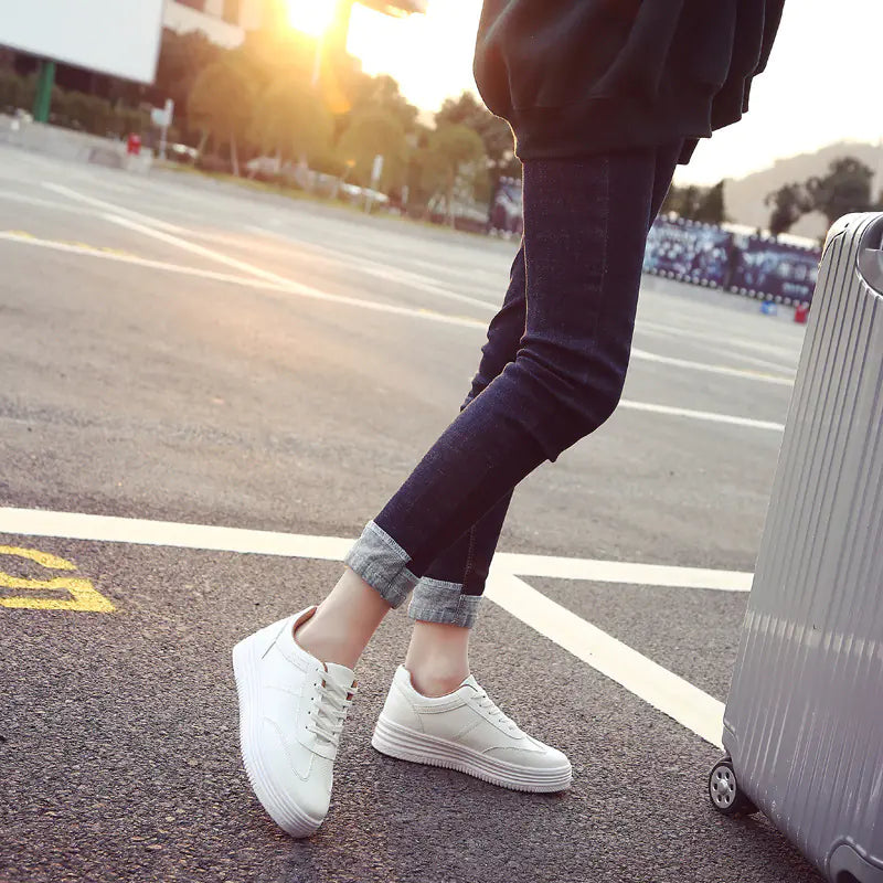Thick Sole White Sneakers, Korean Style Lace-Up Shoes
